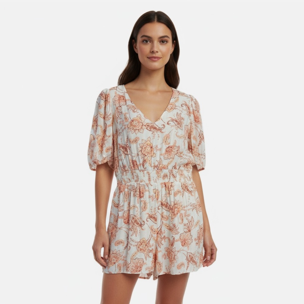 Express Women’s Paisley Print Puff Sleeve Romper – Size M – NWT